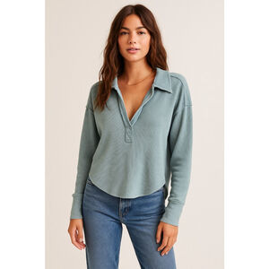 Free People We The Free Anakin Thermal Waffle Henley Top Blue Large Casual Cozy